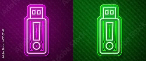 Glowing neon line USB flash drive icon isolated on purple and green background. Vector.