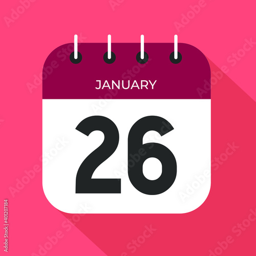 Calendar day 26. Number twenty-six on a white paper with wine color border on pink background vector.