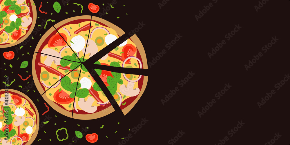 Web banner with tasty pizza. Design for pizzeria or fast food restaurant. Empty space for text. Pizza with mushrooms, tomatoes, onion, bacon, cheese, and basil. Flat design