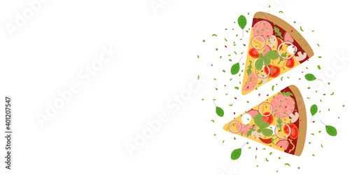 Web banner with tasty pizza. Design for pizzeria or fast food restaurant. Empty space for text. Pizza with mushrooms, tomatoes, onion, pepperoni, cheese, and basil. Flat design