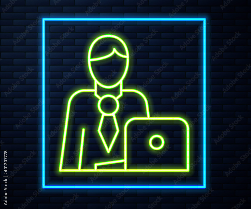 Glowing neon line Businessman icon isolated on brick wall background. Business avatar symbol user profile icon. Male user sign. Vector. Glowing neon line Businessman icon isolated on brick wall background. Business avatar symbol user profile icon. Male user sign. Vector.
