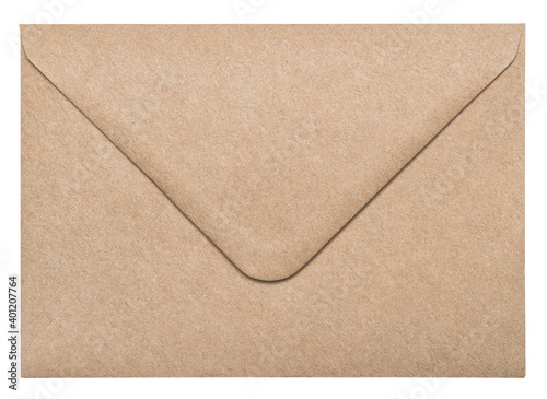 Recycled craft paper envelope isolated white background photo