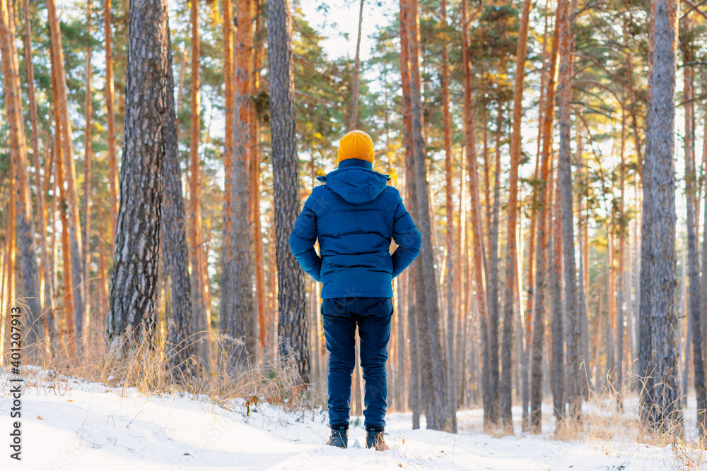 Rear view of young man in yellow hat on the background of a snowy landscape in a winter pine forest