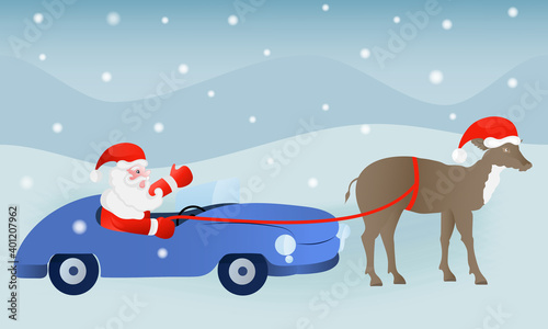 Vector Christmas illustration with Santa Claus, deer and car on a colored background with snowdrifts and snow..