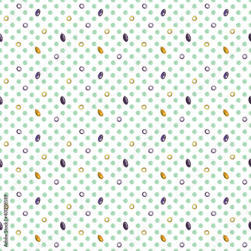 Seamless watercolor pattern with green dots and olives.