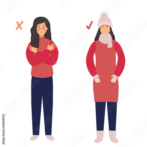 woman froze. Frostbite concept banner. Cartoon illustration of frostbite vector concept banner. the man is cold and the man is warmly dressed. flat design. for infographic.