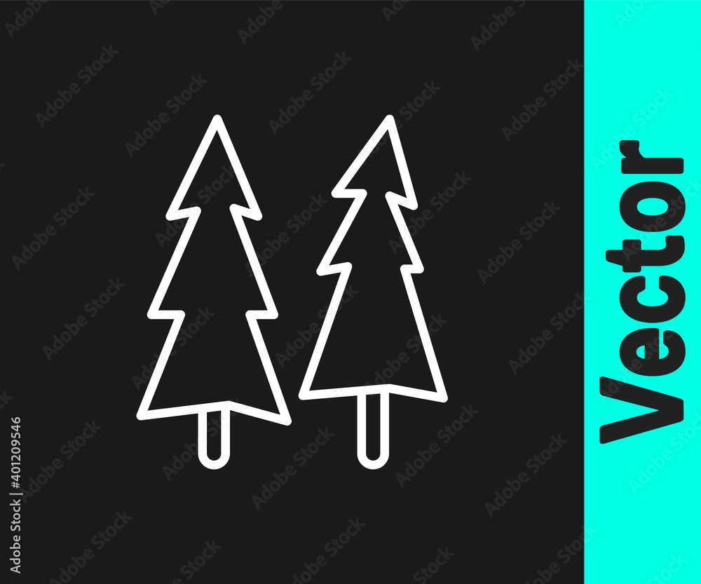 White line Christmas tree icon isolated on black background. Merry Christmas and Happy New Year. Vector. White line Christmas tree icon isolated on black background. Merry Christmas and Happy New Year. Vector.