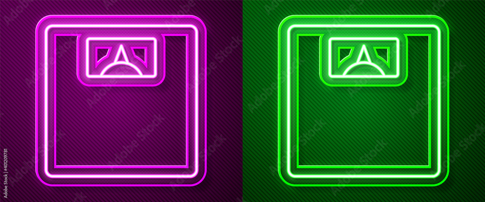 Glowing neon line Bathroom scales icon isolated on purple and green background. Weight measure Equipment. Weight Scale fitness sport concept. Vector. Glowing neon line Bathroom scales icon isolated on purple and green background. Weight measure Equipment. Weight Scale fitness sport concept. Vector.