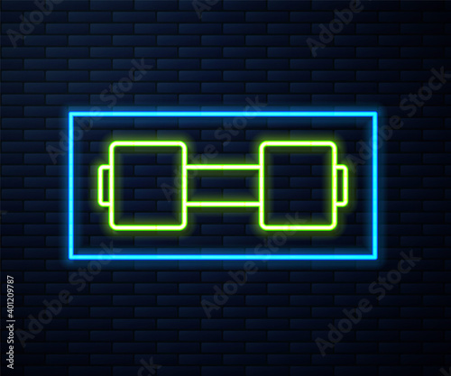 Glowing neon line Dumbbell icon isolated on brick wall background. Muscle lifting icon, fitness barbell, gym, sports equipment, exercise bumbbell. Vector.