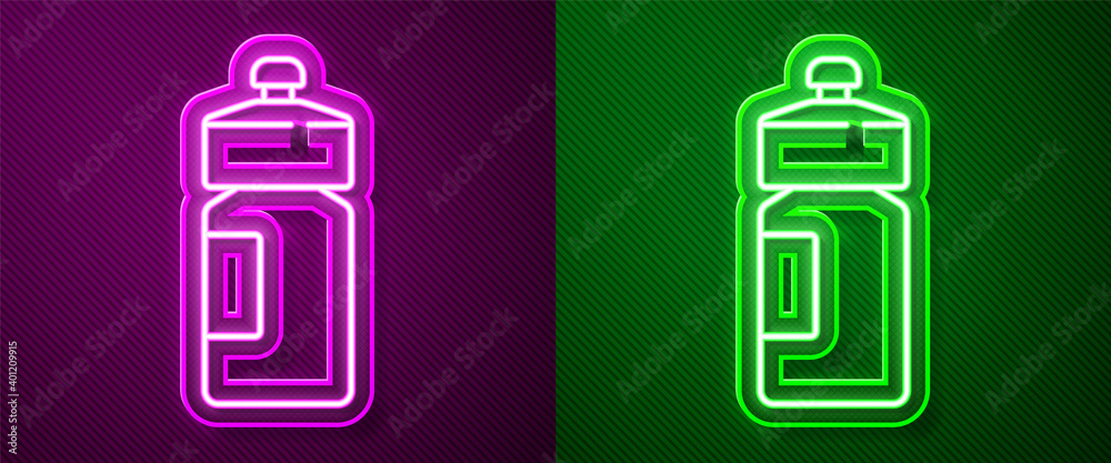 Glowing neon line Fitness shaker icon isolated on purple and green background. Sports shaker bottle with lid for water and protein cocktails. Vector. Glowing neon line Fitness shaker icon isolated on purple and green background. Sports shaker bottle with lid for water and protein cocktails. Vector.