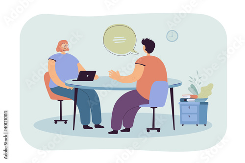 HR manager talking with candidate at job interview flat vector illustration. Cartoon employee or job seeker meeting with employer. Career and business conversation concept