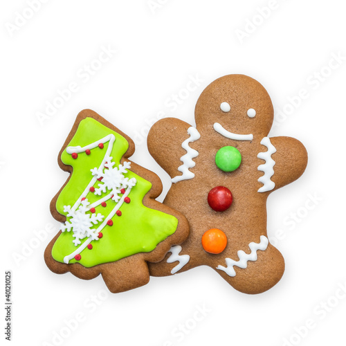 Christmas cookies, snowman, X'mas tree, gingerbread isolated on white background with clipping path for Xmas party holiday homemade food design decoration template