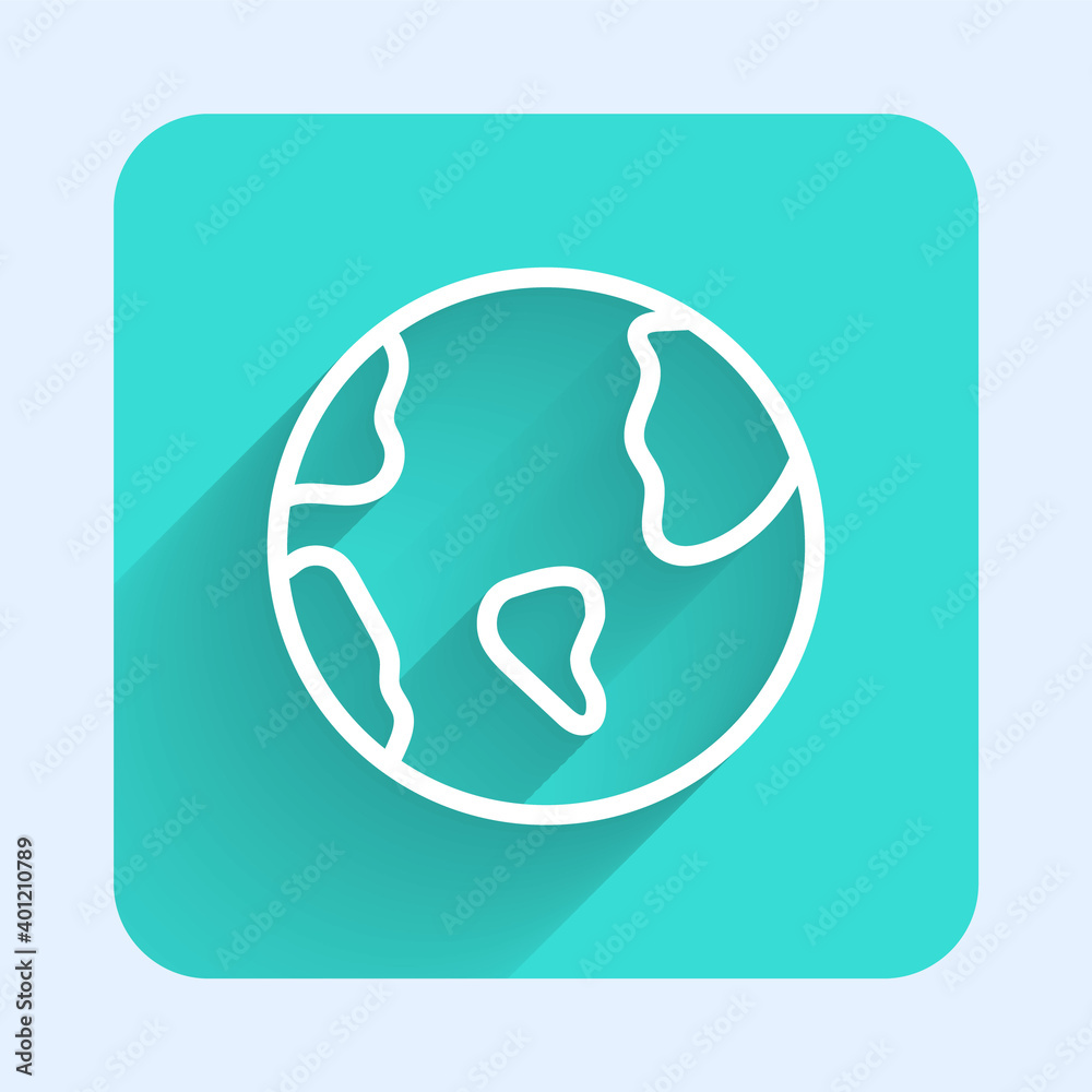White line Earth globe icon isolated with long shadow. World or Earth sign. Global internet symbol. Geometric shapes. Green square button. Vector. White line Earth globe icon isolated with long shadow. World or Earth sign. Global internet symbol. Geometric shapes. Green square button. Vector.