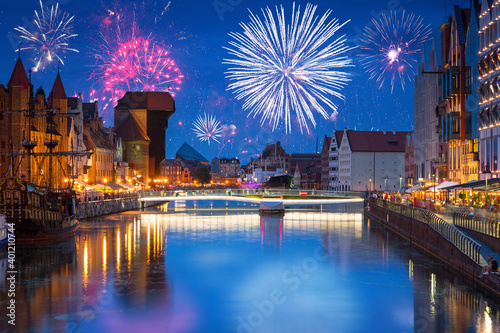 Fireworks display over the old town in Gdansk, Poland © Patryk Kosmider