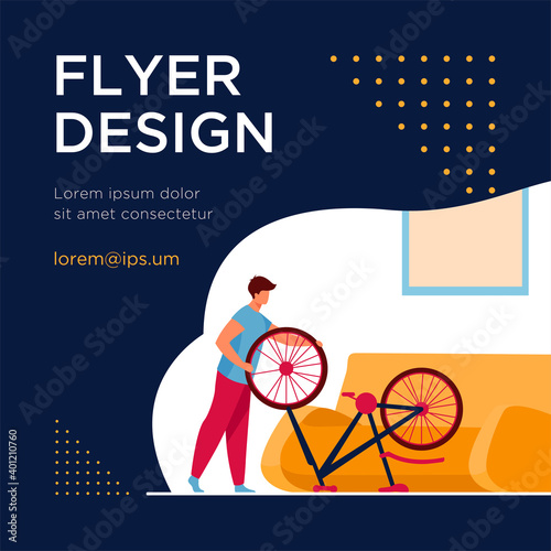 Man repairing bicycle at home. Wheel, sofa, living room flat vector illustration. Transport and maintenance concept for banner, website design or landing web page