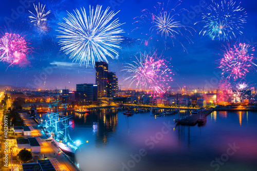 Fireworks display in Gdynia by the Baltic Sea. Poland