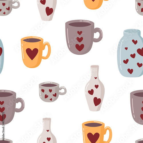 Seamless pattern with mug  cup  bottle  jar and hearts on white.