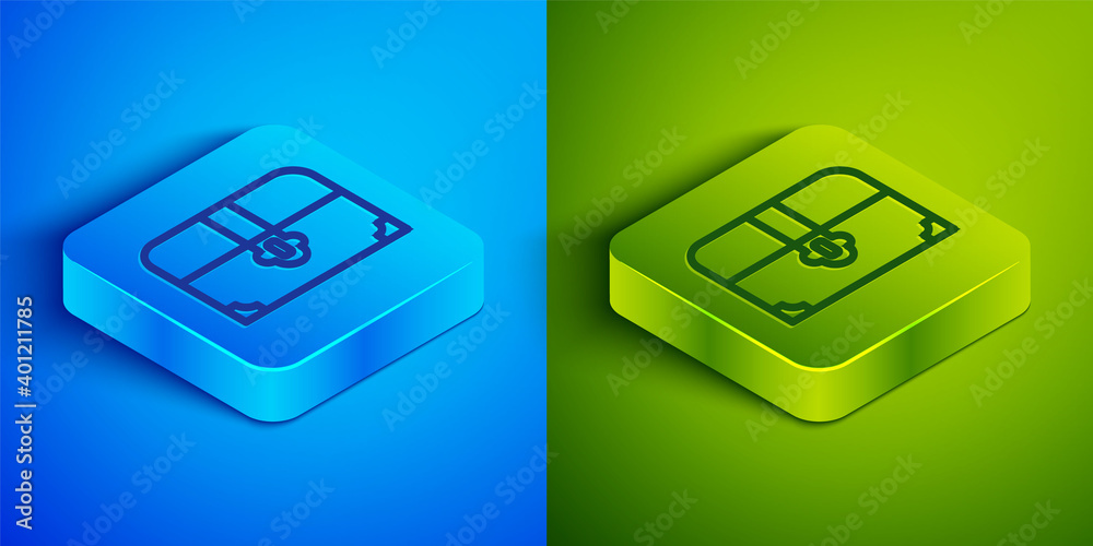 Isometric line Antique treasure chest icon isolated on blue and green background. Vintage wooden chest with golden coin. Square button. Vector. Isometric line Antique treasure chest icon isolated on blue and green background. Vintage wooden chest with golden coin. Square button. Vector.