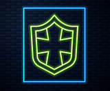 Glowing neon line Shield icon isolated on brick wall background. Guard sign. Security, safety, protection, privacy concept. Vector.