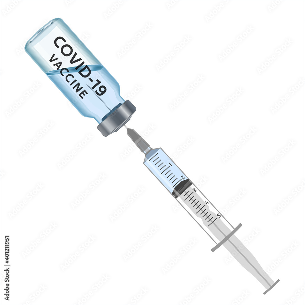 Medical syringe with the needle in the vial serum against Covid-19. Injection, vaccine and disposable syringe. Sterile vial. Glass medical ampoule vial for injection. Raster illustration. Medical syringe with the needle in the vial serum against Covid-19. Injection, vaccine and disposable syringe. Sterile vial. Glass medical ampoule vial for injection. Raster illustration.