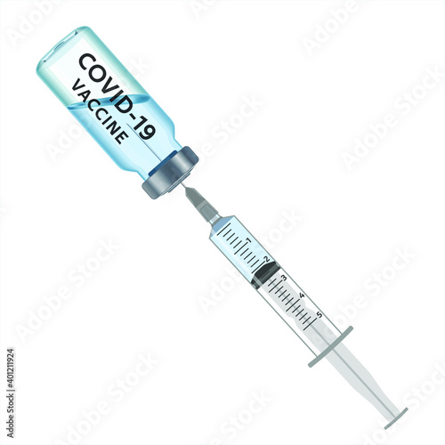 Medical syringe with the needle in the vial serum against Covid-19. Injection, vaccine and disposable syringe. Sterile vial. Glass medical ampoule vial for injection. Vector realistic illustration.