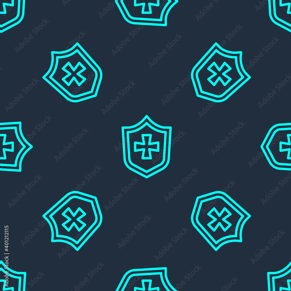 Green line Shield icon isolated seamless pattern on blue background. Guard sign. Security, safety, protection, privacy concept. Vector. Green line Shield icon isolated seamless pattern on blue background. Guard sign. Security, safety, protection, privacy concept. Vector.