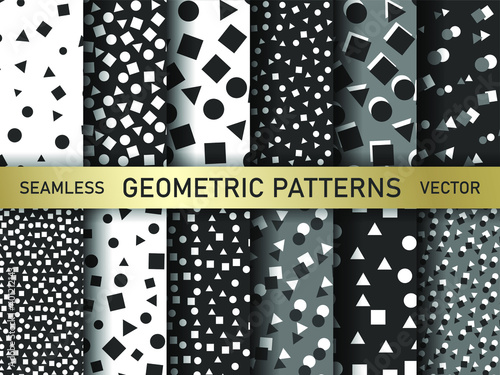 Set of geometric shapes monochrome patterns. Collection of black and white geometrical backgrounds for fabric, textile, wrapping, cover etc.