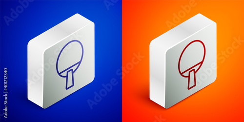 Isometric line Racket for playing table tennis icon isolated on blue and orange background. Silver square button. Vector.