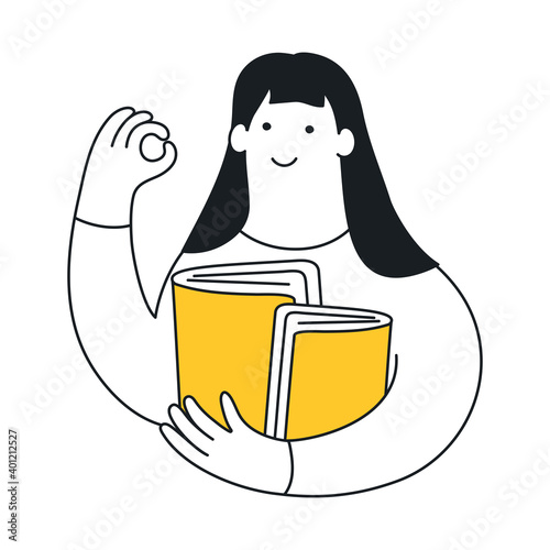 Cute cartoon woman with books showing OK sign. Learning, study, self-education concept.