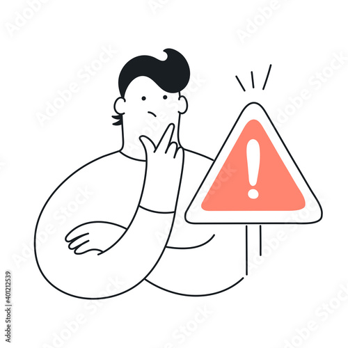 A pensive man stands at an exclamation mark. Error, warning, limitation. Flat line vector illustration on white. Exclamation point, error, warning, limitation, and cute men.