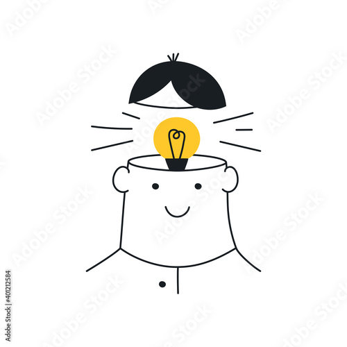 Think outside the box, light bulb in a head, Idea, brainstorming creativity. New idea, brainstorming, solution, creativity. Flat line vector illustration on white.