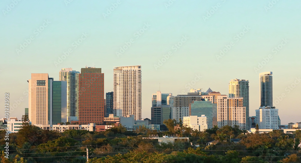 Fort Lauderdale downtown skyline aglow as the sun sets.