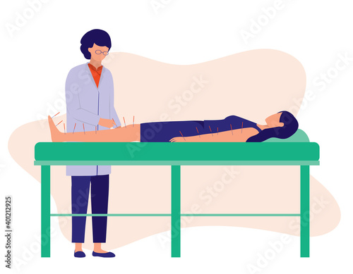 Acupuncture Therapy Woman. Alternative Medicine. An Old Chinese Acupuncturist Inserting Acupuncture Needles To The Woman's Arm And Leg. Full Length. Flat Design.