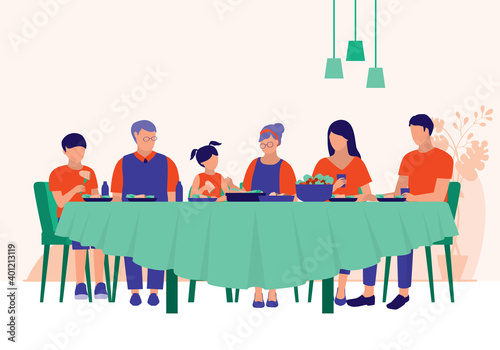Big Family Having Dinner Together At Home. Family Relationships Concept. Vector Flat Cartoon Illustration. 3 Generations Of Family Eating Meal Together.