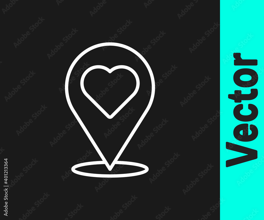 White line Map pointer with heart icon isolated on black background. Valentines day. Love location. Romantic map pin. Vector. White line Map pointer with heart icon isolated on black background. Valentines day. Love location. Romantic map pin. Vector.