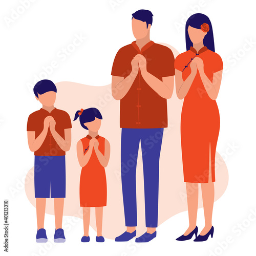 Family Wishing Chinese New Year In Fist And Palm Salute. Celebration And Festival Concept. Vector Illustration Flat Cartoon. Chinese New Year Etiquette Greeting.