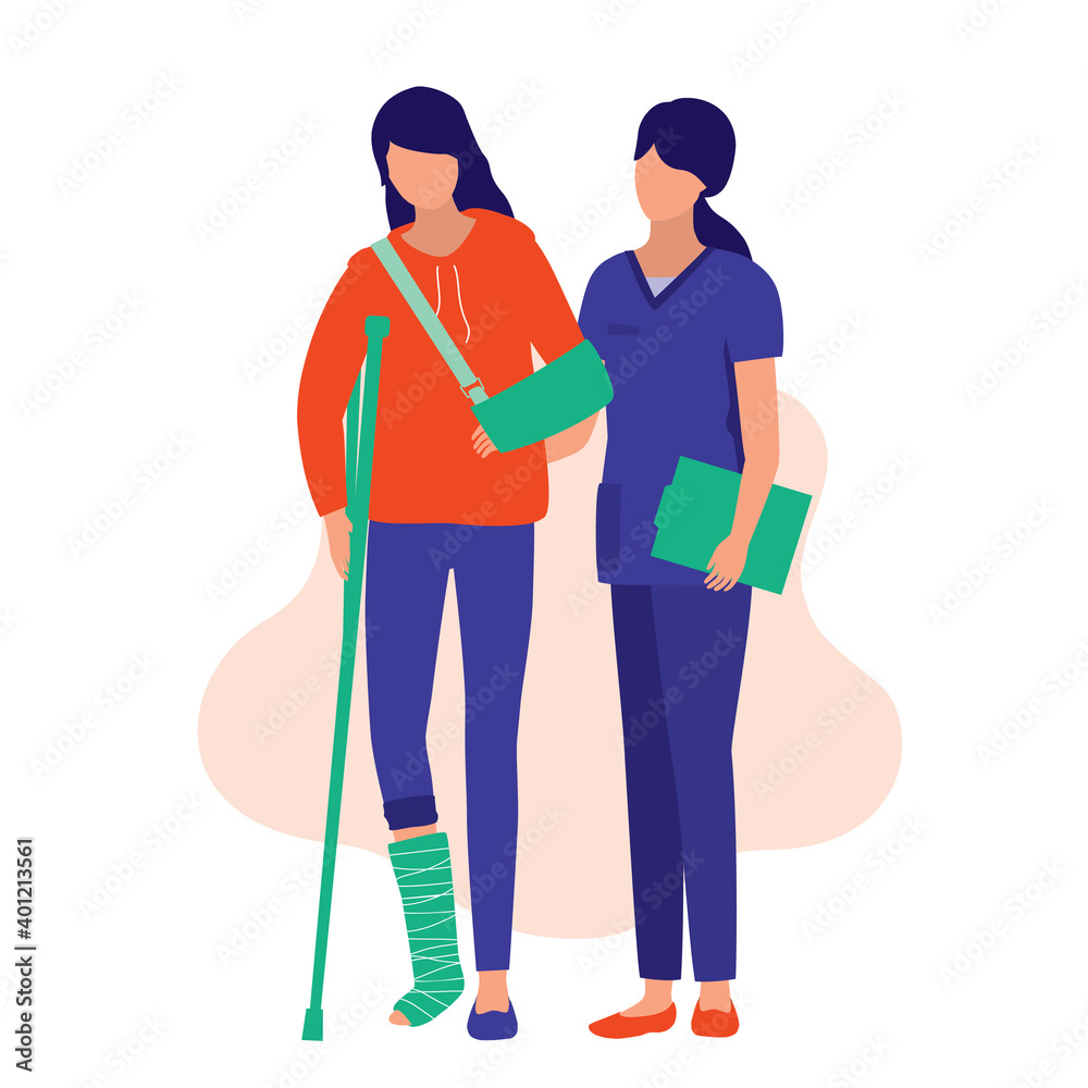 Nurse Helping A Injury Woman To Walk. Medical & Accident Concept. Vector Illustration Flat Cartoon. Young Woman With A Broken Arm And Leg. Nurse Helping A Injury Woman To Walk. Medical & Accident Concept. Vector Illustration Flat Cartoon. Young Woman With A Broken Arm And Leg.