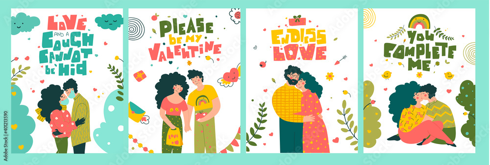 Valentine's day greeting cards set, flat vector illustration.