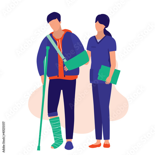 Nurse Helping A Injury Man To Walk. Medical & Accident Concept. Vector Illustration Flat Cartoon. Young Man With A Broken Arm And Leg.