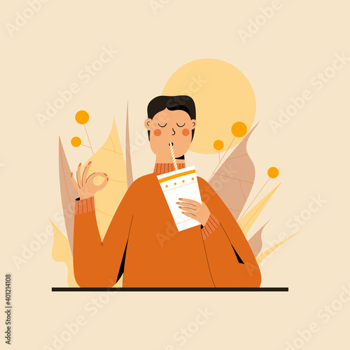 Cute Man practicing mindful eating exercise in nature and leaves. Concept illustration for meditation, relax, recreation, healthy lifestyle, mindfulness practice. Flat trendy vector illustration