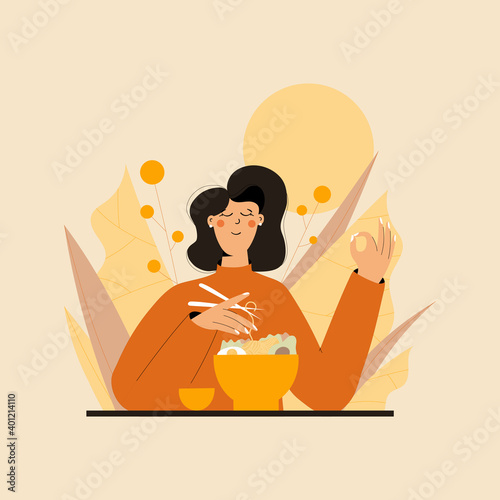 Cute woman practicing mindful eating exercise in nature and leaves. Concept illustration for meditation, relax, recreation, healthy lifestyle, mindfulness practice. Flat trendy vector illustration