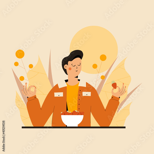 Cute Man practicing mindful eating exercise in nature and leaves. Concept illustration for meditation, relax, recreation, healthy lifestyle, mindfulness practice. Flat trendy vector illustration