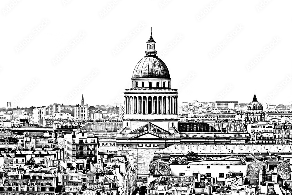 Paris skyline with Panteon building. Paris, France. Sketch illustration.