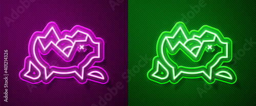 Glowing neon line Broken piggy bank icon isolated on purple and green background. Icon saving or accumulation of money, investment. Vector.