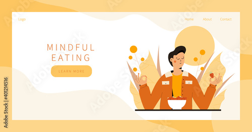 Cute man practicing mindful eating exercise in nature and leaves. Concept illustration for meditation, relax, recreation, healthy lifestyle, mindfulness practice. Landing page, banner design