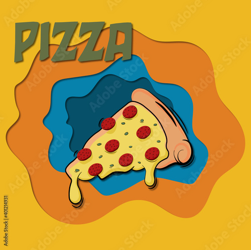 layer art illustration, paper cutout effect, Pizza, a piece of amazing delicious pizza, salami and cheese