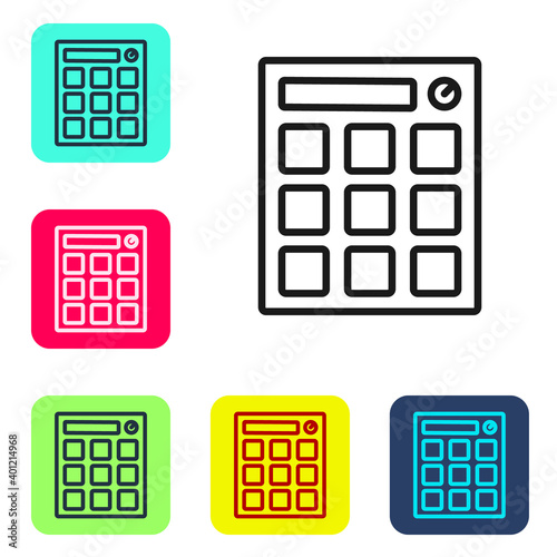 Black line Drum machine music producer equipment icon isolated on white background. Set icons in color square buttons. Vector.