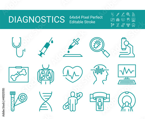 Set of icons of medical diagnostics. Editable vector stroke. 64x64 Pixel Perfect.
