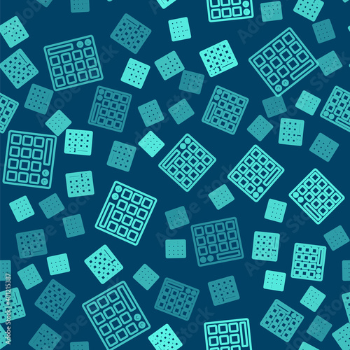 Green line Drum machine music producer equipment icon isolated seamless pattern on blue background. Vector.