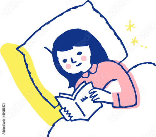 ベッドで本を読む女性